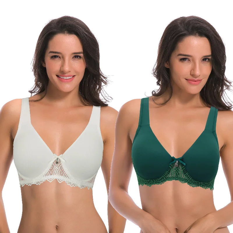 Women's Plus Size Unlined Underwire Lace Bra with Cushion Straps Full Coverage Bra