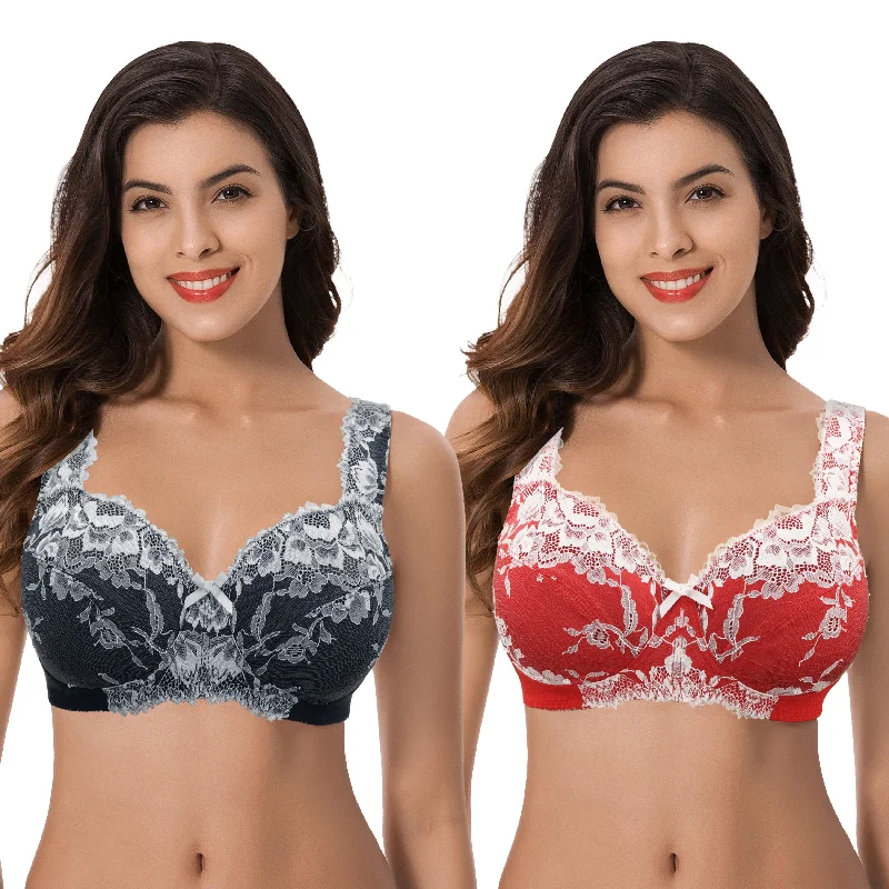 Women's Plus Size Minimizer Unlined Wireless Lace Full Coverage Bras Push-Up Bralette Set
