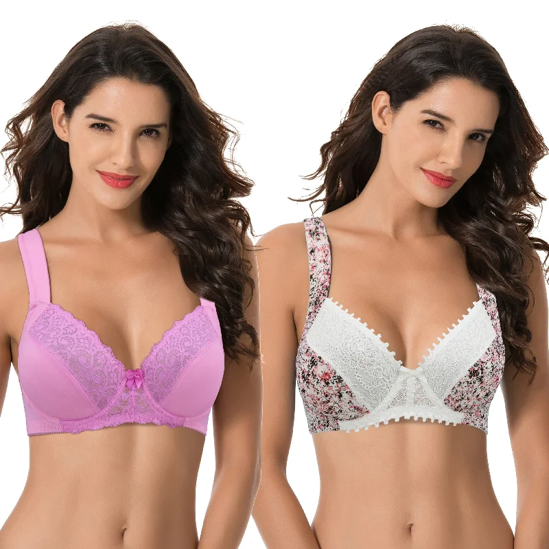 Women's Plus Size Unlined Underwire Lace Bra with Cushion Straps Seamless Fit Bra