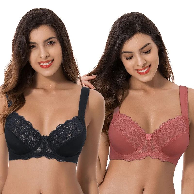 Women's Plus Size Unlined Underwire Lace Bra with Cushion Straps Active Wear Bra