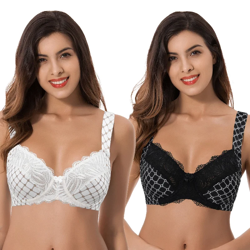 Women's Plus Size Unlined Underwire Lace Bra with Cushion Straps Comfortable Lace Bra