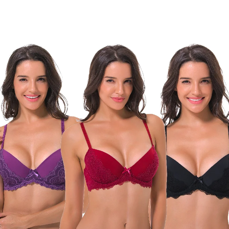 Women's Plus Size Lightly Padded Underwire Balconette Bra Lace Back Bra