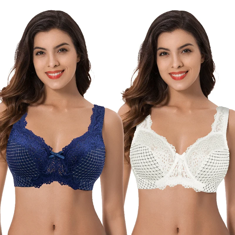 Women's Minimizer Unlined Underwire Bra With Lace Embroidery Sporty Compression Bra