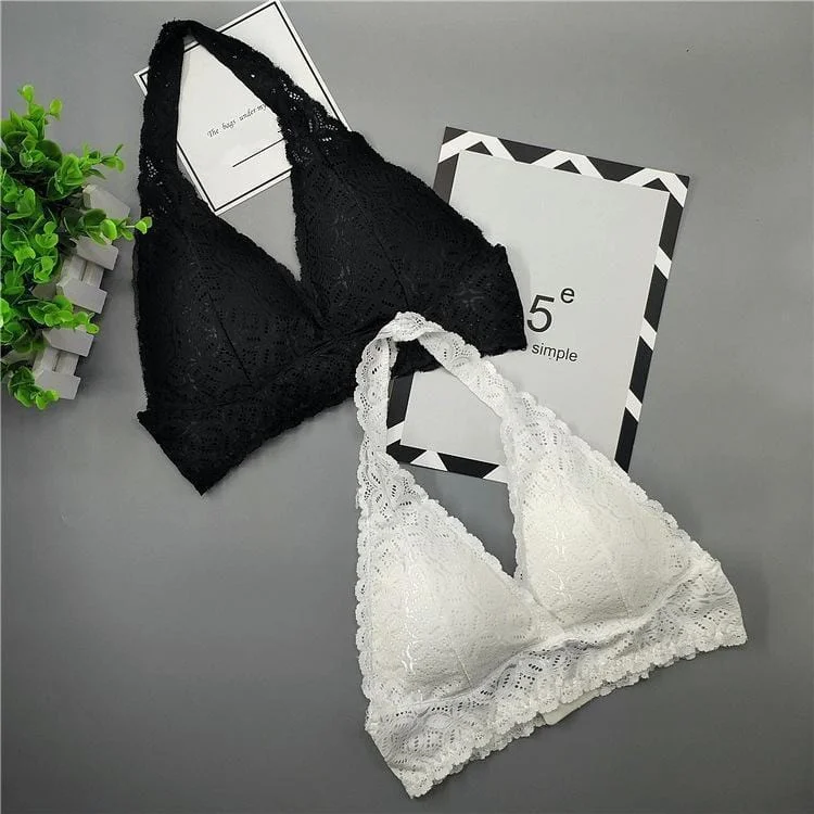 Women Backless Wire Free Lace Beach Halter Neck Bra Chic Satin Bra