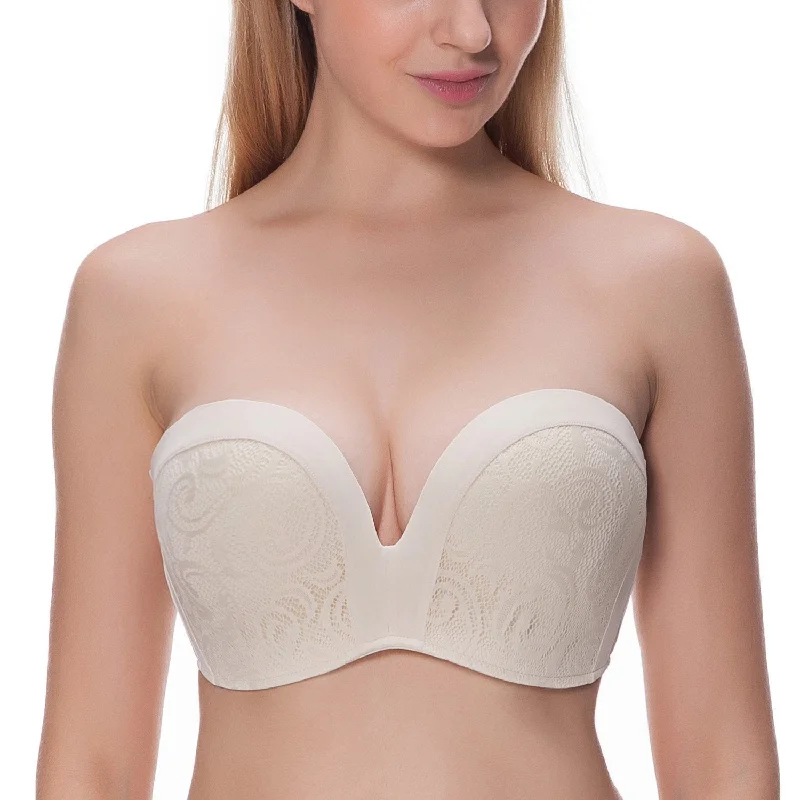 Women Padded Push Up Great Support Lace Strapless Bra Stylish Lace Bralette
