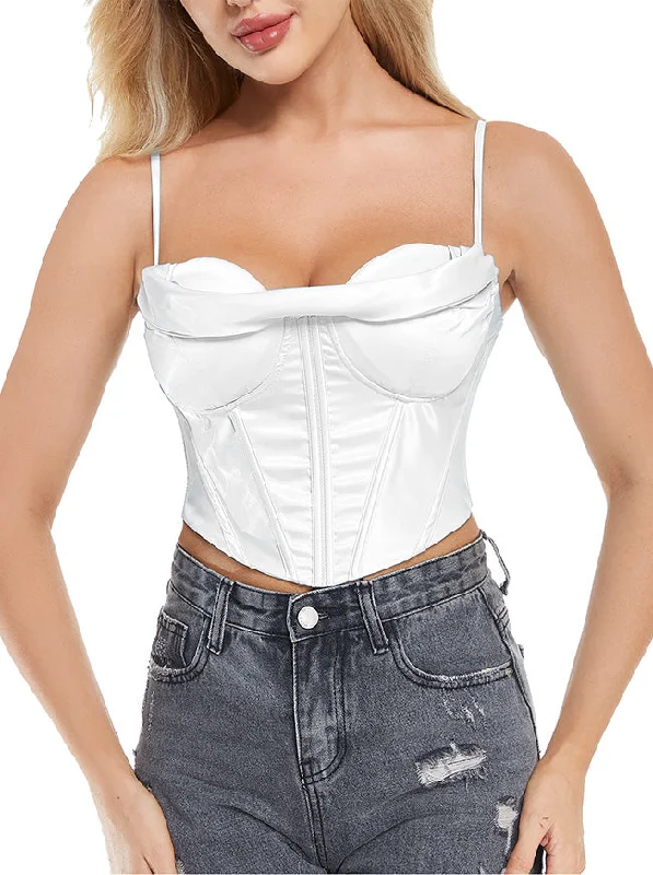 Women's Sexy Smooth Satin Bustier Bra Tops with Shoulder Straps Lace-Trimmed Bra