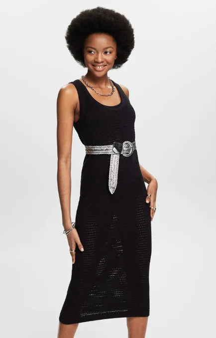 Esprit Sleeveless Pointelle Midi Dress | Black Trendy Flared Sleeve Midi Dress