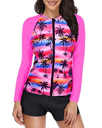 Upf 50+ Swim Shirt With Shorts Two Piece Rash Guard Bathing Suit-Pink Palm Reversible Bikini Set