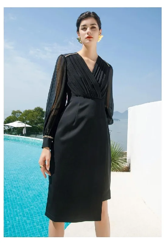 Chiffon Studded Sleeve Drapped Midi Dress Fashionable Pencil Midi Dress