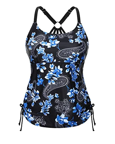 Adjustable Strappy Racerback Tankini Top Womens Tankini Swim Top-Blue Paisley Chic Bikini Set