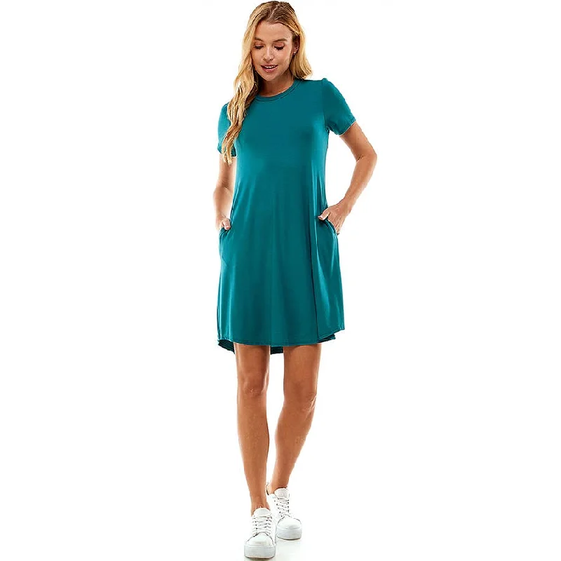 Crew Neck Short Sleeve Pockets Mini Dress in Emerald Classic White Mini Dress