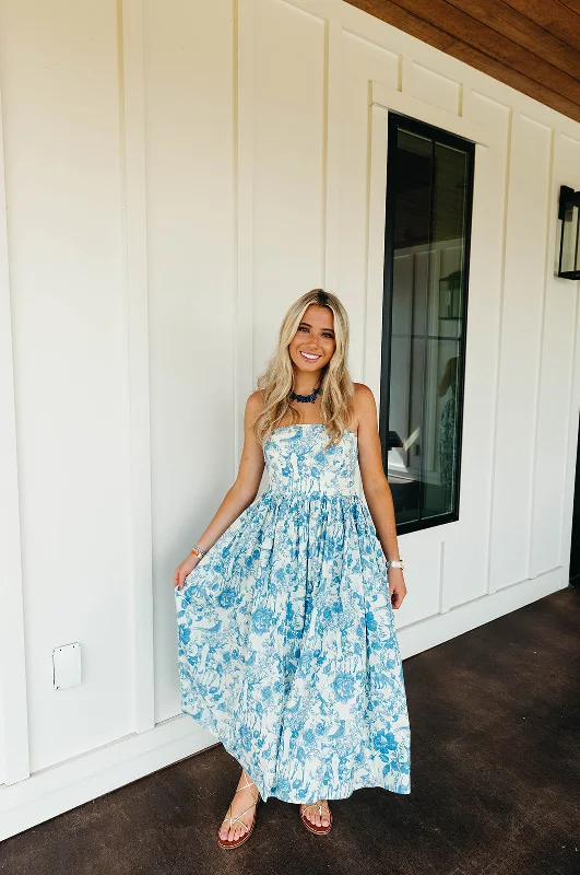 Alba Midi Dress - Blue Trendy Tiered Hem Midi Dress
