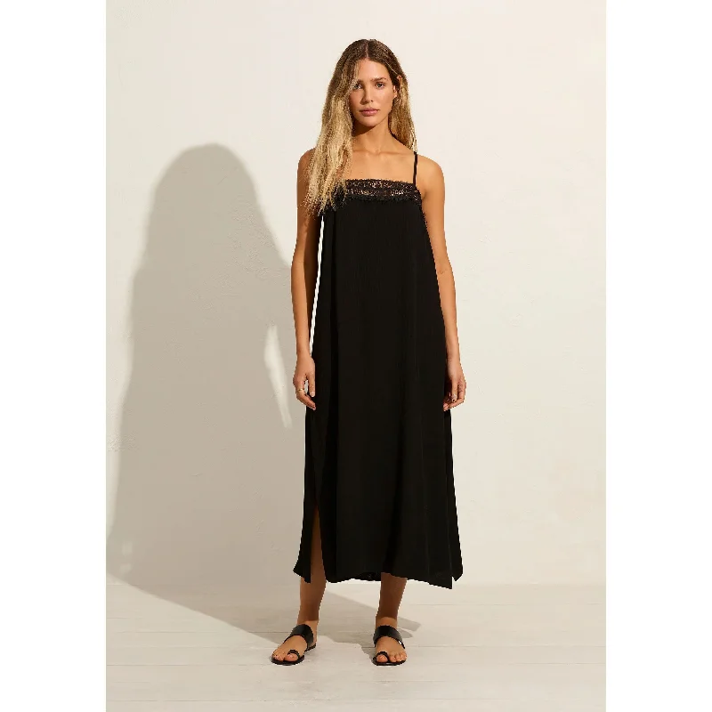 Auguste Lourdes Slip Midi Dress - Black Elegant Satin Button Midi Dress