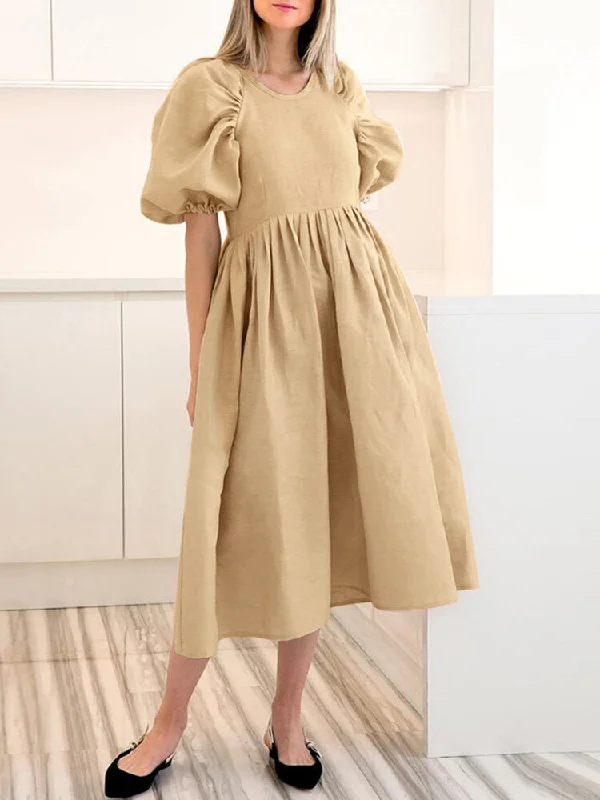 Back Zipper Pleated Puff Sleeve O-neck Ed Pockets Women Midi Dress Trendy Fit-and-Flare Midi Dress Back Zipper Pleated Puff Sleeve O-neck Ed Pockets Women Midi Dress Trendy Fit-and-Flare Midi Dress
