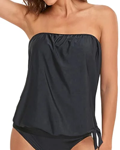 Bandeau Bathing Suit Top Blouson Swimsuit Top No Bottom-Black Sleek Racerback Swimsuit