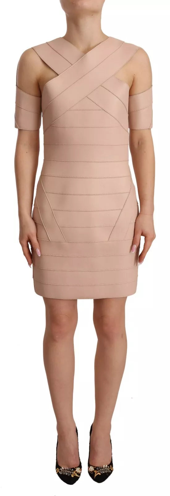 Beige Leather Open Shoulder Sheath Mini Dress Stylish Short-Sleeve Mini Dress