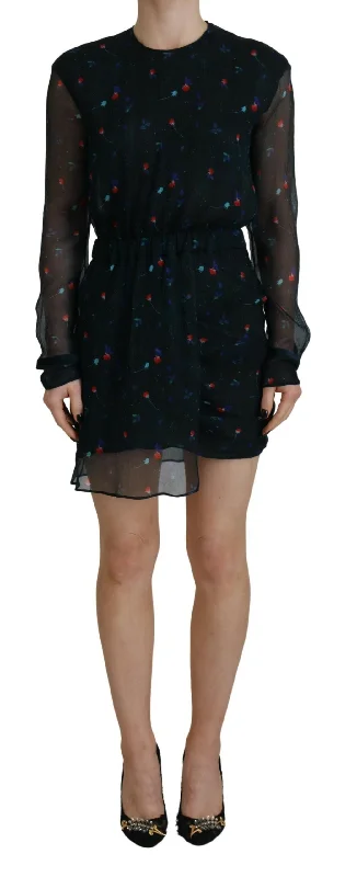 Black Floral Silk Long Sleeves Sheath Mini Dress Fashionable A-Line Mini Dress