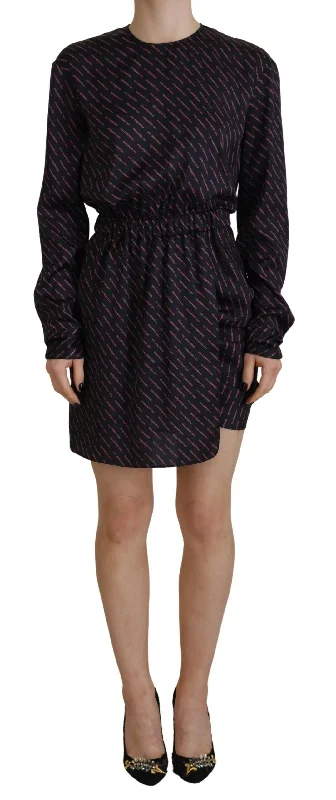 Black Logo Print Long Sleeves A-line Mini Dress Trendy Lace Mini Dress