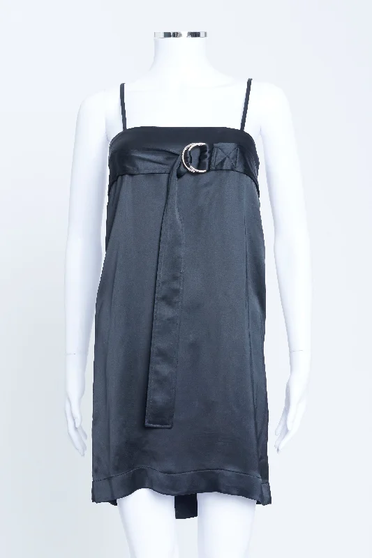 Black Satin Effect Mini Dress with D-Ring Belt Elegant Tulle Mini Dress