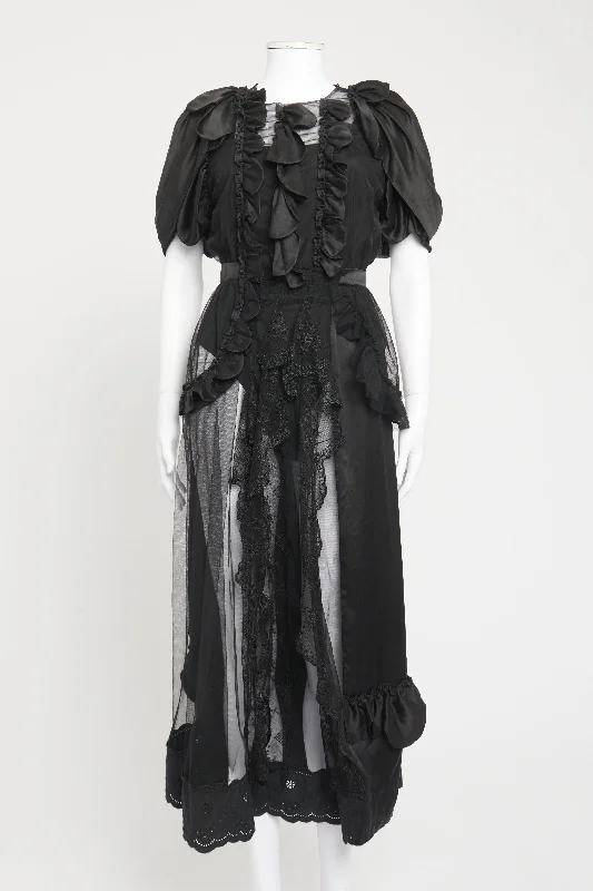 Black Silk Preowned Puff Sleeved Midi Dress Cozy Midi Dress with Pockets