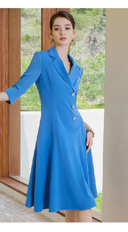 Blue Faux Wrap Midi Dress Trendy Smocked Waist Midi Dress