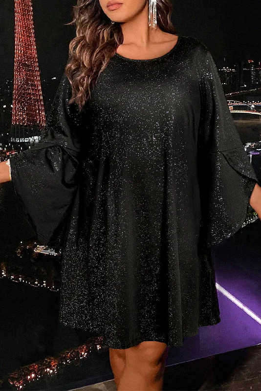 Blue Zone Planet |  Black Plus Size Glitter Metallic Bell Sleeve Round Neck Mini Dress Classic Black Mini Dress