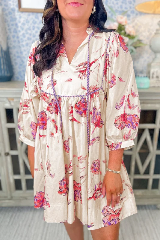 Blue Zone Planet |  White Floral Print Lace up V Neck Balloon Sleeve Plus Size Shift Mini Dress Cozy Long Sleeve Mini Dress