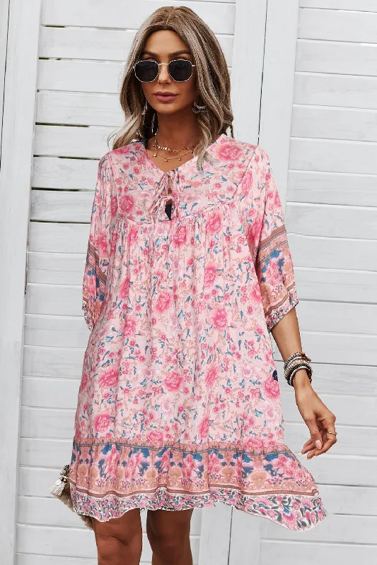 Bohemian Tie Neck Mini Dress Cozy Sweater Mini Dress