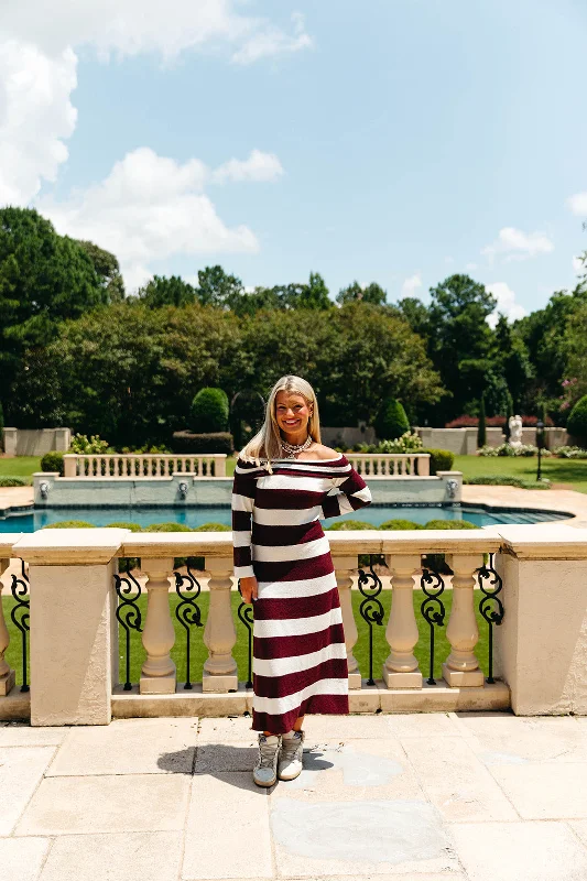 Boston Striped Midi Dress - Burgundy/Off White Fashionable Plaid Midi Dress