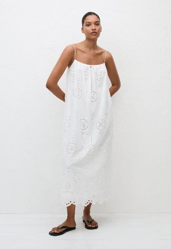 Broderie Cami Midi Dress - White Stylish Pleated Skirt Midi Dress