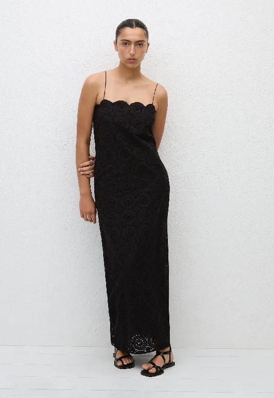 Broderie Shift Midi Dress - Black Comfortable Deep V Midi Dress