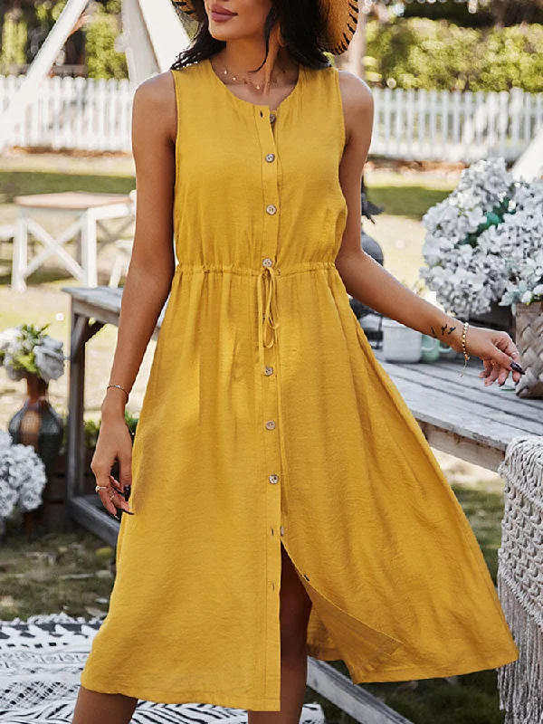 Button Drawstring O-neck Pure Color Sleeveless Casual Women Midi Dress Fashionable High-Low Midi Dress Button Drawstring O-neck Pure Color Sleeveless Casual Women Midi Dress Fashionable High-Low Midi Dress