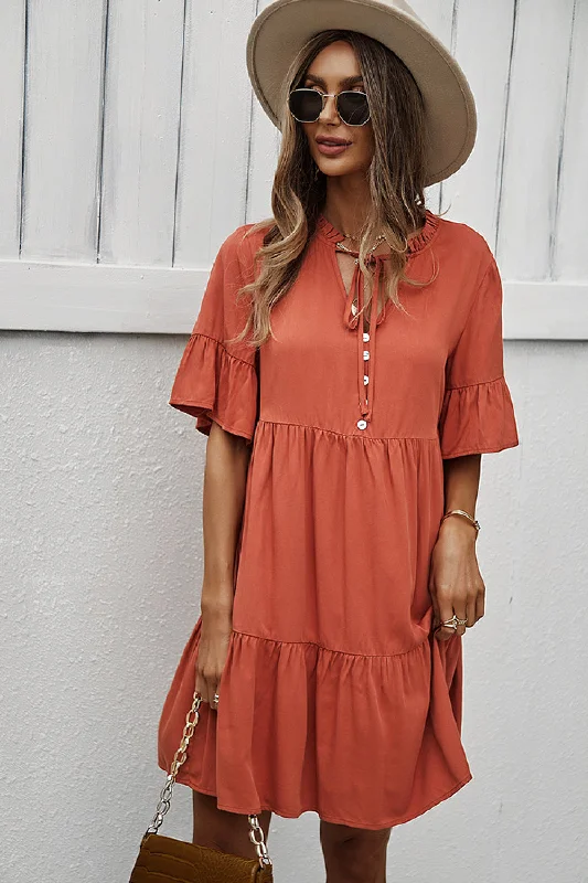 Button Front Tiered Tie Neck Mini Dress Fashionable Lace-Trim Mini Dress