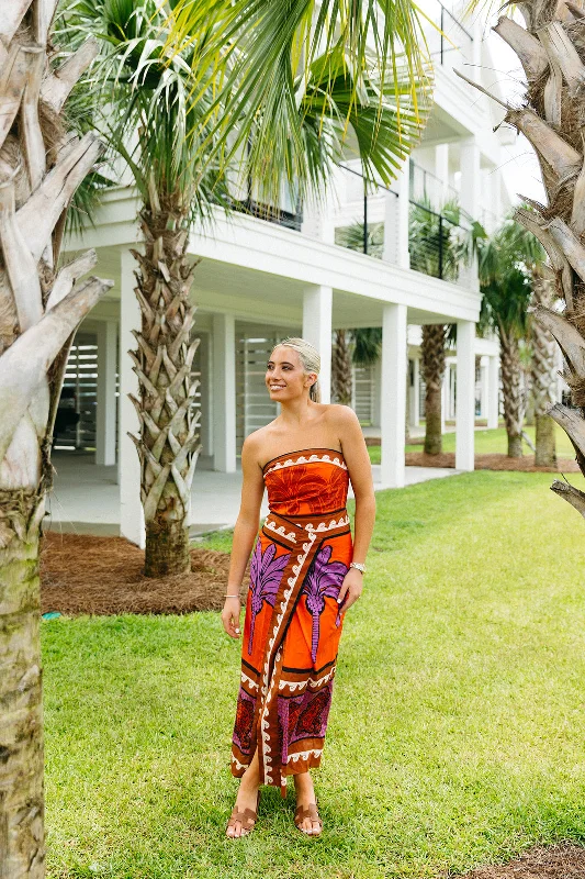 Caribbean Midi Dress - Orange/Multi Elegant Satin Midi Dress