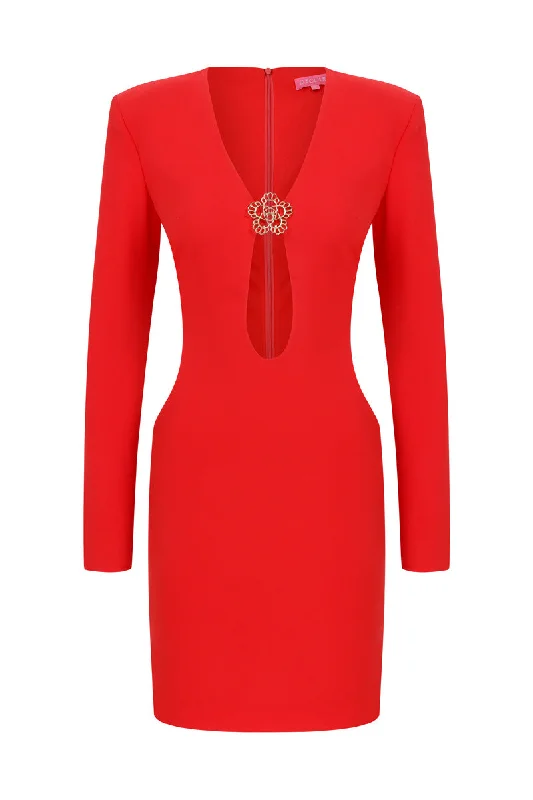 CHERRY BLISS OPEN-WAIST MINI DRESS Fashionable Off-Shoulder Mini Dress