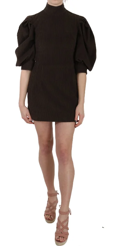 Chic Brown Corduroy Bodycon Mini Dress Cozy Sweater Mini Dress