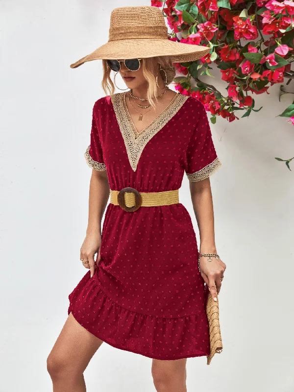 Contrast V-Neck Short Sleeve Mini Dress Comfortable Bodycon Mini Dress