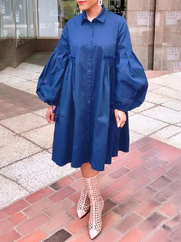 Cotton Pure Color Lapel Puff Sleeve Pleated Casual Shirt Women Midi Dress Fashionable A-Line Midi Dress Cotton Pure Color Lapel Puff Sleeve Pleated Casual Shirt Women Midi Dress Fashionable A-Line Midi Dress