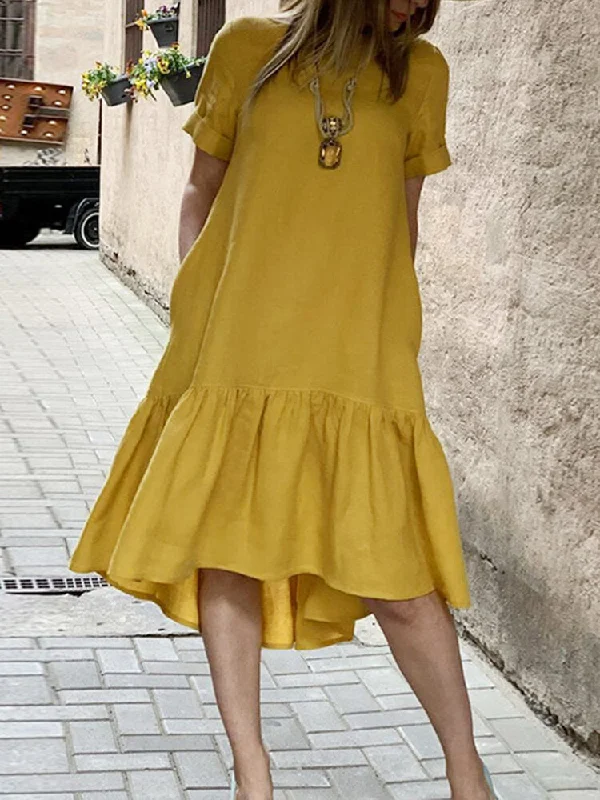 Cotton Pure Color Ruffles Round Neck Short Sleeve Casual Women Midi Dress Trendy Bodycon Midi Dress Cotton Pure Color Ruffles Round Neck Short Sleeve Casual Women Midi Dress Trendy Bodycon Midi Dress