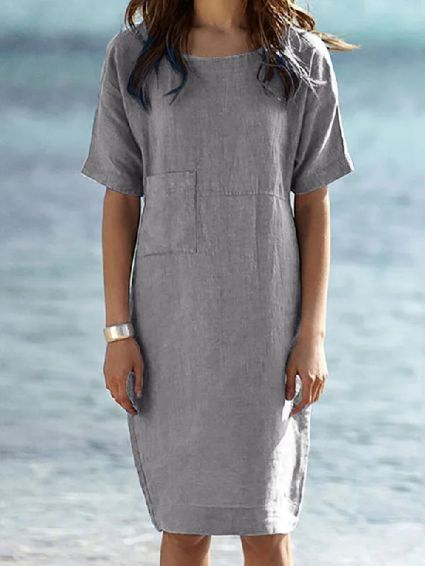 Cotton Pure Color Short Sleeve O-neck Zipper Holiday Simple Women Midi Dress Trendy A-Line Midi Dress Cotton Pure Color Short Sleeve O-neck Zipper Holiday Simple Women Midi Dress Trendy A-Line Midi Dress