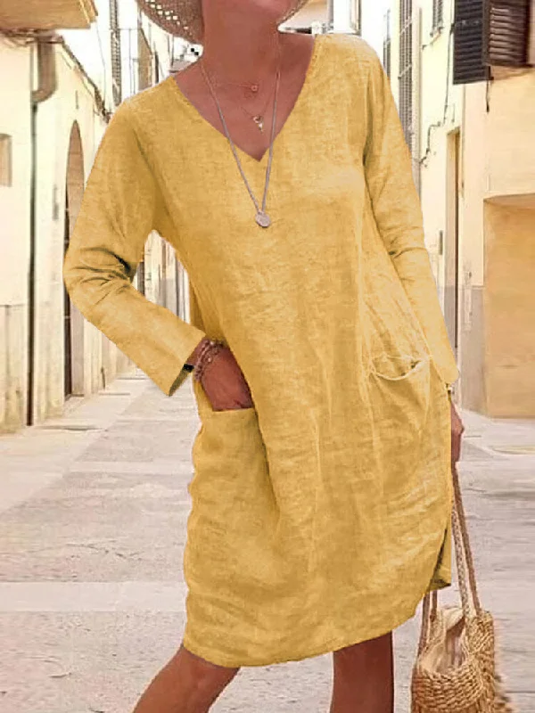 Cotton Solid V-neck Casual Long Sleeve Pockets Women Midi Dress Trendy Ruffled Sleeve Midi Dress Cotton Solid V-neck Casual Long Sleeve Pockets Women Midi Dress Trendy Ruffled Sleeve Midi Dress