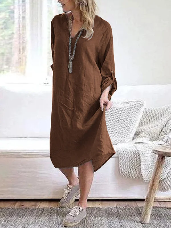 Cotton Solid V-neck Long Sleeve Loose Midi Shirt Women Midi Dress Fashionable Casual Midi Dress Cotton Solid V-neck Long Sleeve Loose Midi Shirt Women Midi Dress Fashionable Casual Midi Dress