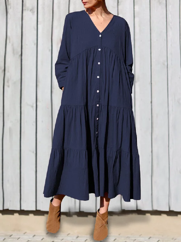 Cotton V-neck Button Front Long Sleeve Casual Layered Women Midi Dress Cozy Ribbed Knit Midi Dress Cotton V-neck Button Front Long Sleeve Casual Layered Women Midi Dress Cozy Ribbed Knit Midi Dress