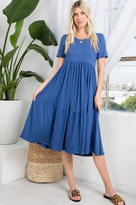 Create Your Joy Tiered Midi Dress in Denim Blue - Curvy Comfortable Denim Midi Dress Create Your Joy Tiered Midi Dress in Denim Blue - Curvy Comfortable Denim Midi Dress