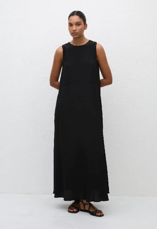 Curved Waist Midi Dress - Black Cozy Spaghetti Strap Midi Dress