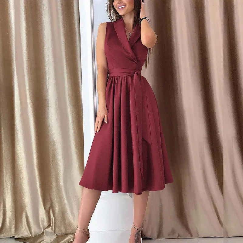 Midi Dress Casual Sleeveless Belt Dress Female New Classic Black Midi Dress