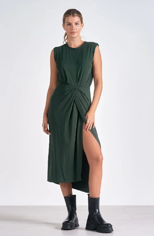 Elan Dark Green Side Slit Wrap midi dress Stylish Cold Shoulder Midi Dress