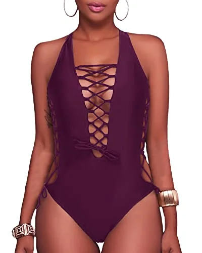 Flattering Cross Back Strappy Cutout One Piece Swimsuits-Maroon Swim Dress with Belt