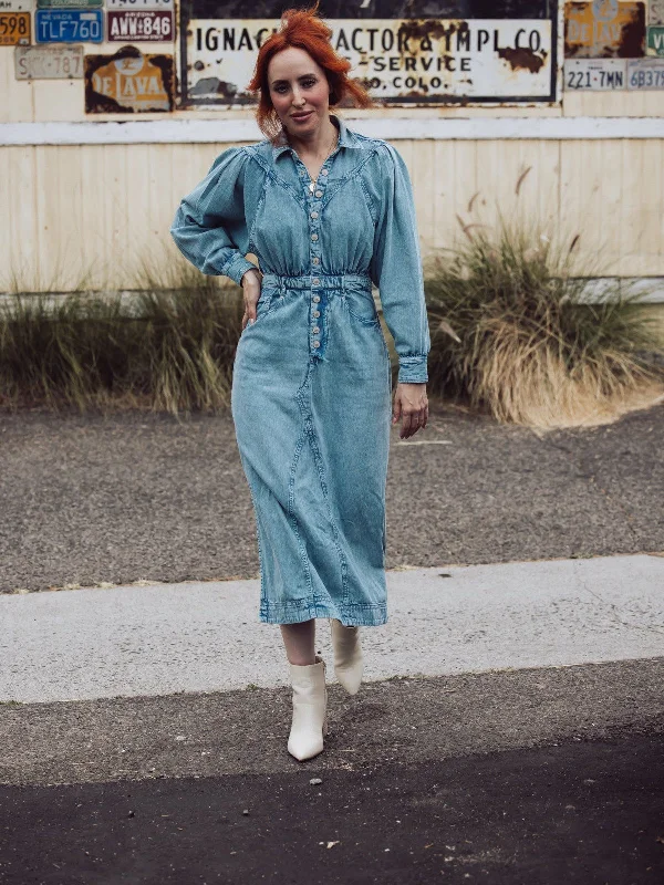 Free People Mad Love Denim Midi Dress Fashionable A-Line Midi Dress