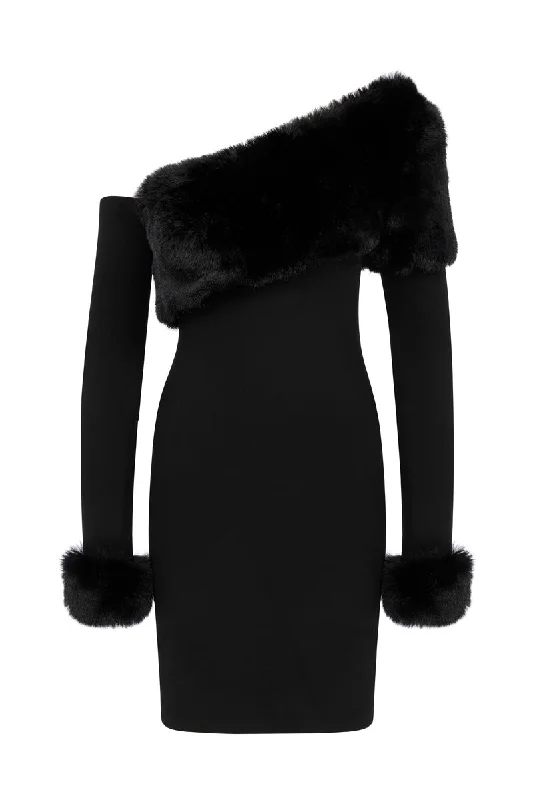 FROSTY NOIR MINI DRESS WITH FUR Elegant Vintage Mini Dress